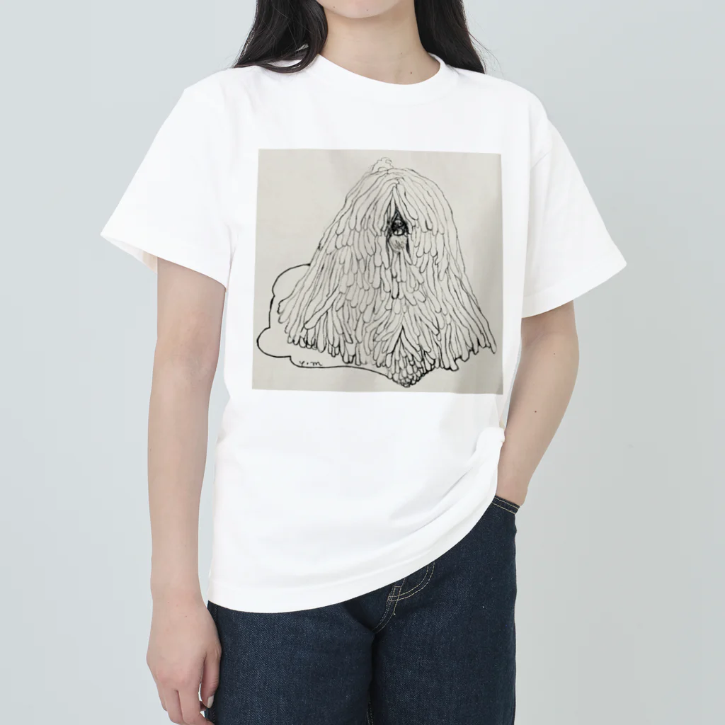 光平洋子のかしこいプーリー犬のイラスト  鉛筆画 歩く犬 ヘビーウェイトTシャツ