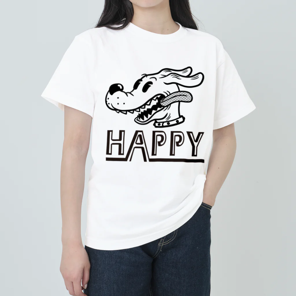 nidan-illustrationのhappy dog (black ink) ヘビーウェイトTシャツ