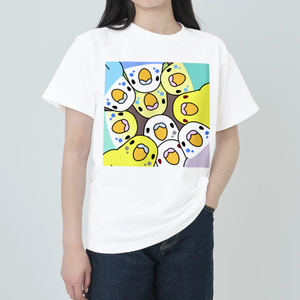 まめるりはことりのみっちりむっちり過密セキセイインコさん【まめるりはことり】 ヘビーウェイトTシャツ