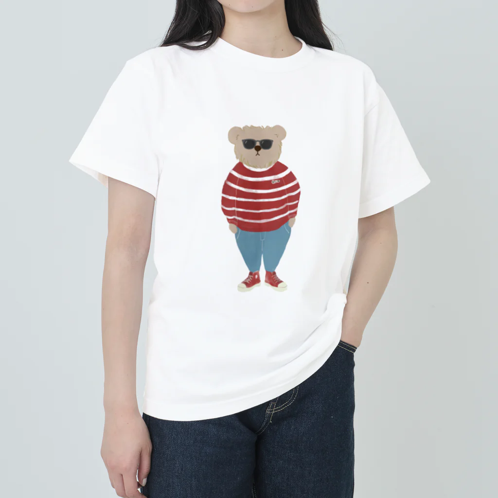 papiko くまさんの洋服を着てお出かけするクマさん　あか　シンプル ヘビーウェイトTシャツ