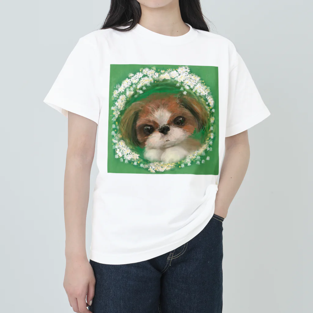 NORIMA'S SHOP のかわいいシーズー 犬と雪柳のフラワーリース ヘビーウェイトTシャツ