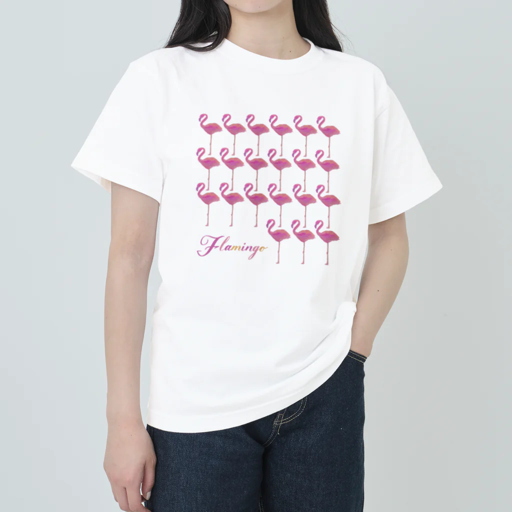 mojitoiro（もじといろ）のフラミンゴ Flamingo たくさん ヘビーウェイトTシャツ