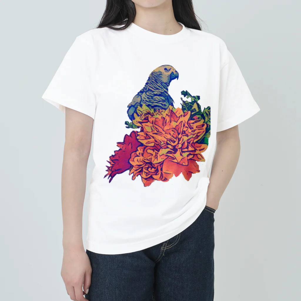 愉快なインコ達のヨウムと花 ヘビーウェイトTシャツ