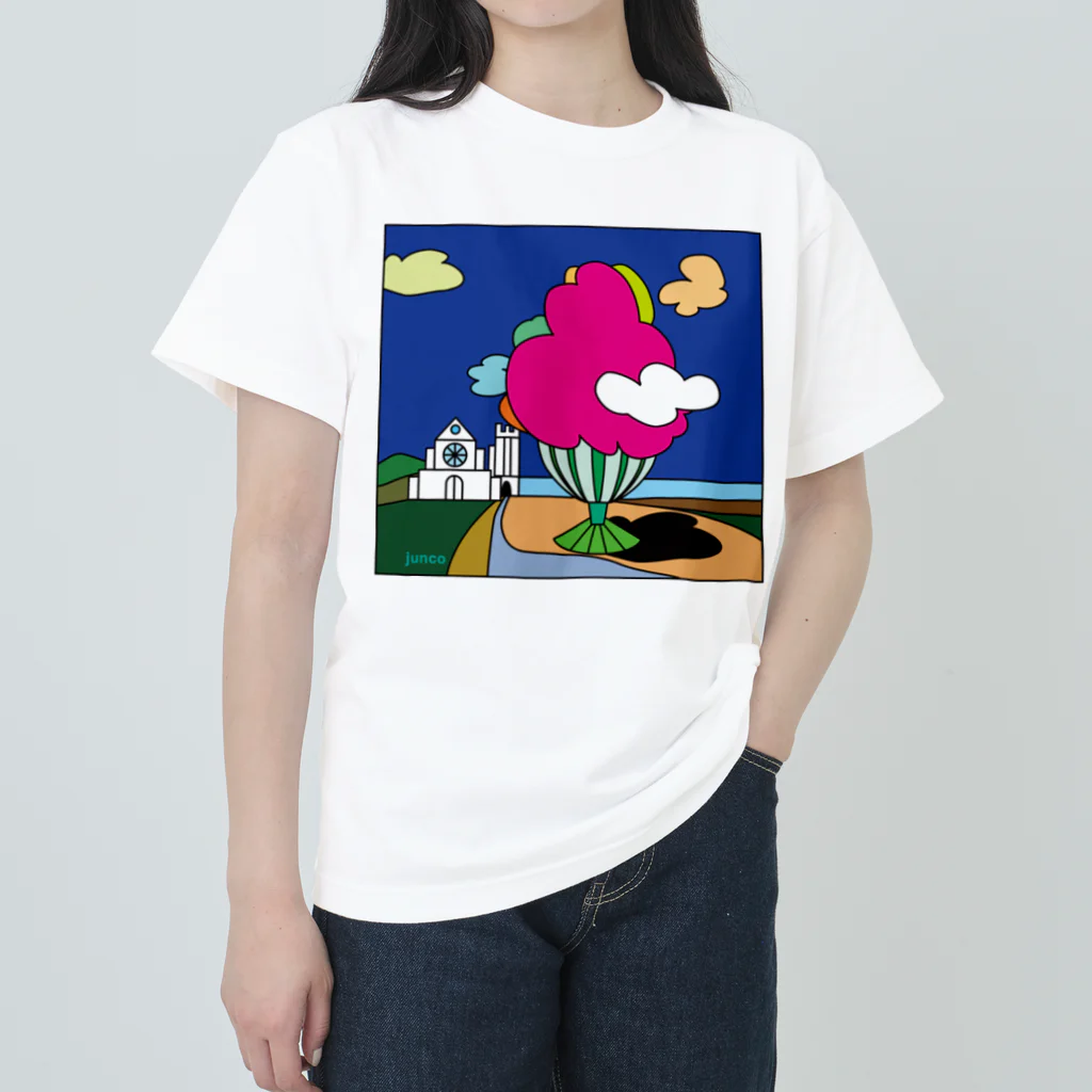 Blupiggの幸せの丘ピンクの木 ヘビーウェイトTシャツ