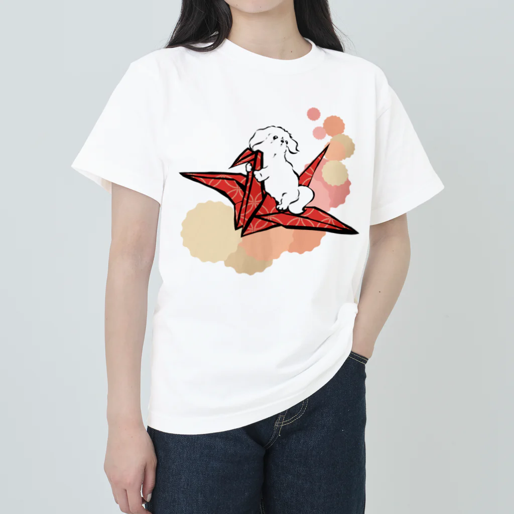 犬グッズの店しえるぶるーの折り鶴　ペキニーズ　赤 ヘビーウェイトTシャツ