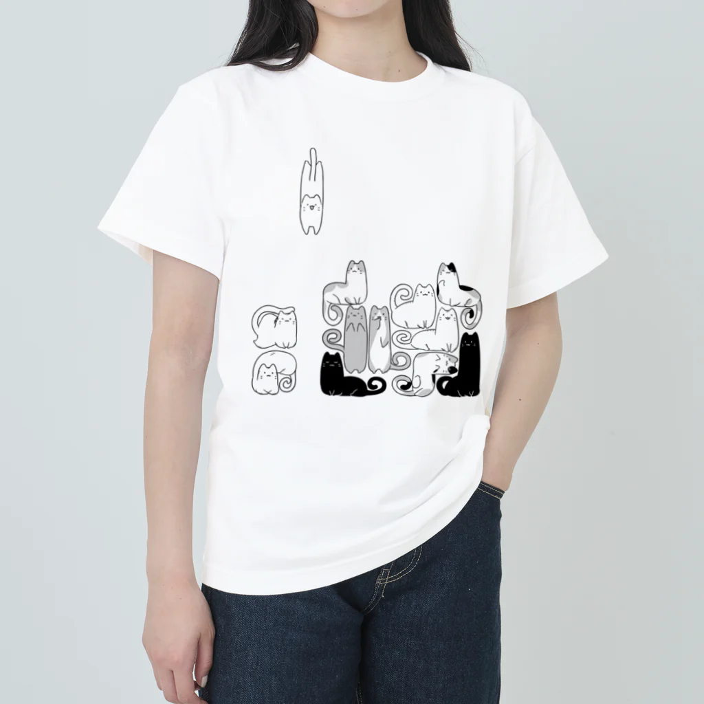 ドット絵どうぞのつみネコ(イラストモノクロ) ヘビーウェイトTシャツ