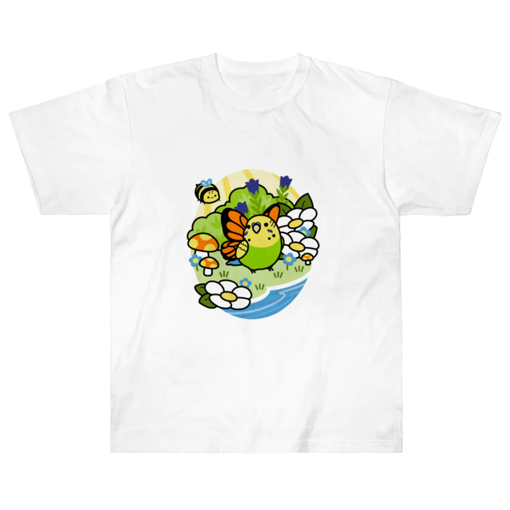 Cody the LovebirdのChubby Bird セキセイインコの妖精 Matcha 一緒に森を守ろう！ Heavyweight T-Shirt