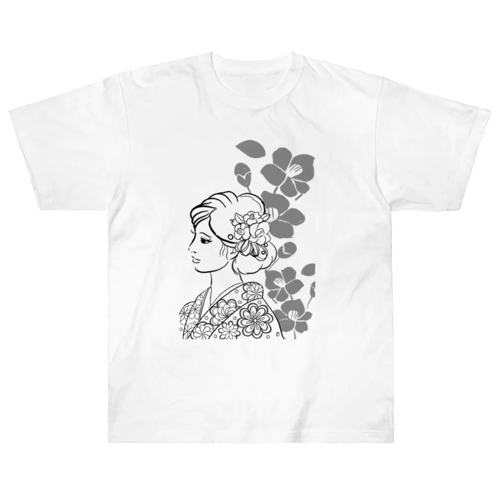 ki’s stampのWabisabiー椿(モノクロ) ヘビーウェイトTシャツ