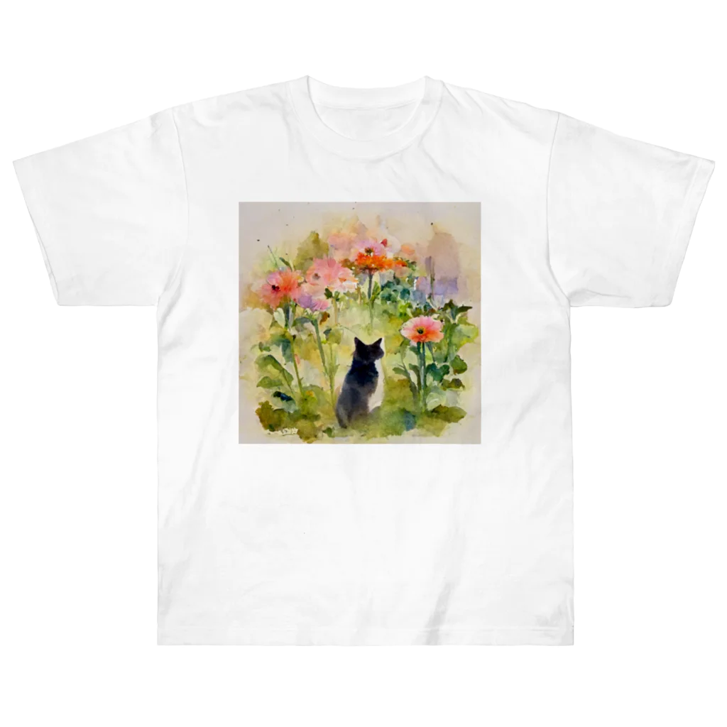 ccaattの花畑に迷い込む猫 ヘビーウェイトTシャツ