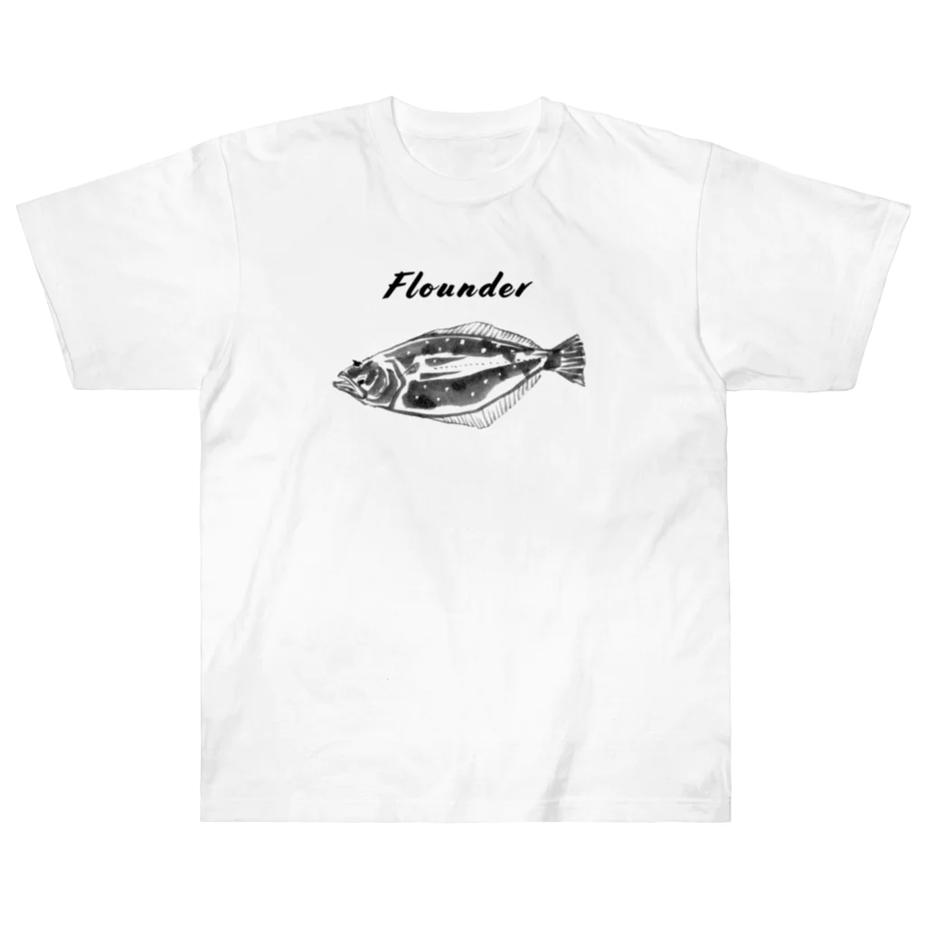 🐟日本の魚と仲間たち🦑のヒラメ - Left-eyed flounder（鮃、学名：Paralichthys olivaceus） ヘビーウェイトTシャツ