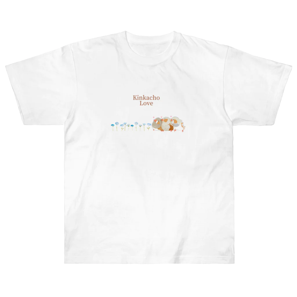 雛乃の文鳥グッズ屋さんのキンカチョウのネモフィラデザイン ヘビーウェイトTシャツ