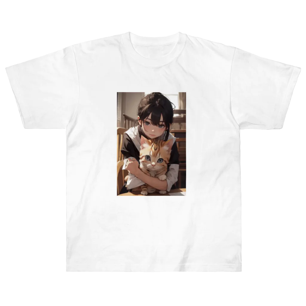 kazu_gのマンチカンを抱く美少女 Heavyweight T-Shirt