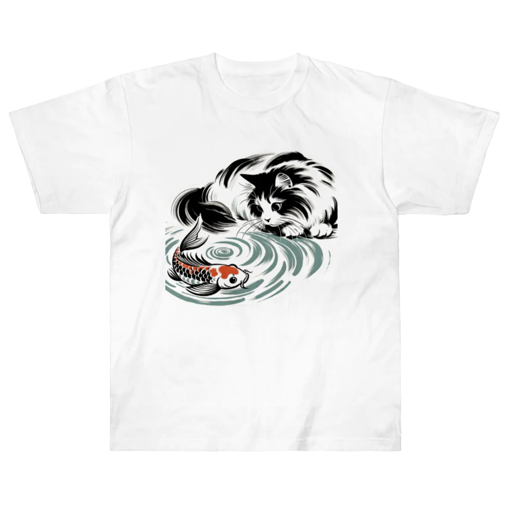 MakotOの猫と鯉（水墨画風） ヘビーウェイトTシャツ