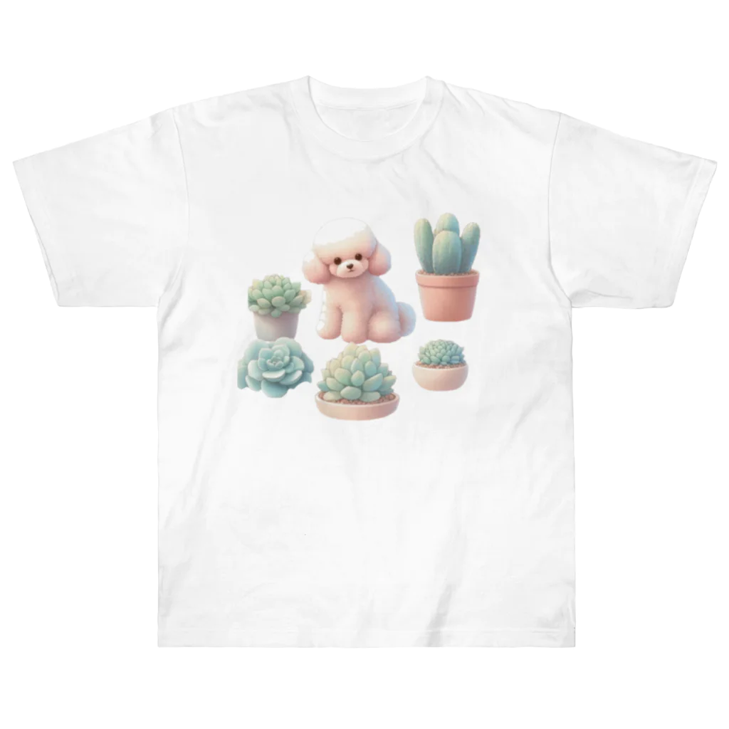 わんにゃんsucculentのトイプーと多肉植物 ヘビーウェイトTシャツ