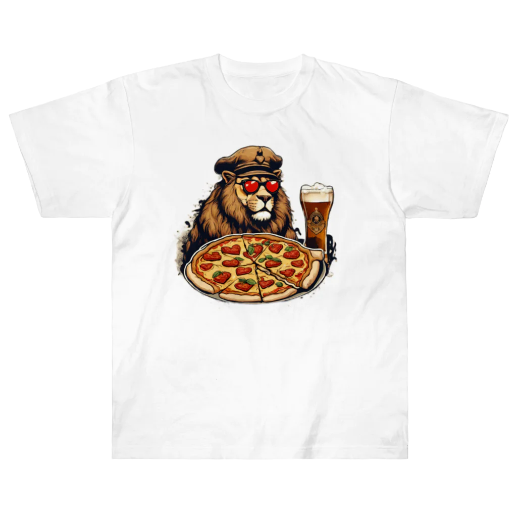 gorillArtの軍曹ライオンが愛するビールとピザ ヘビーウェイトTシャツ
