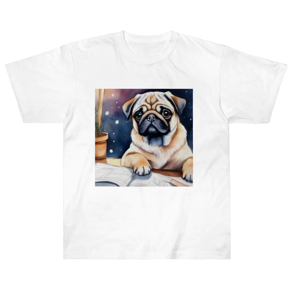 こころやすらぐの水彩子犬　パグ Heavyweight T-Shirt