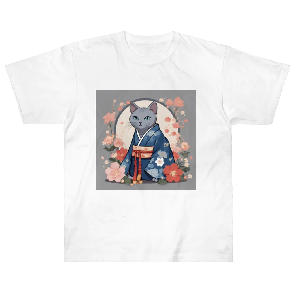 coco_peroのお正月の着物を着たロシアンブルーの猫ちゃんグッズ Heavyweight T-Shirt