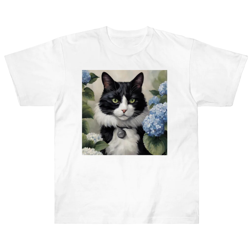 capcat1919のハチワレ猫白黒と紫陽花 ヘビーウェイトTシャツ