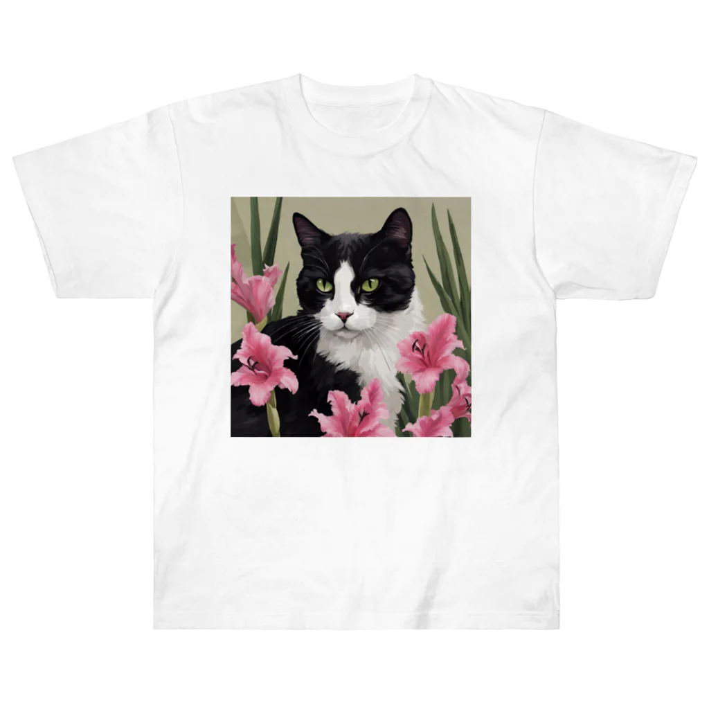 capcat1919のハチワレ白黒猫とクレマチス ヘビーウェイトTシャツ