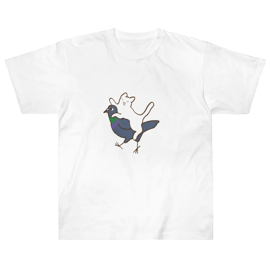 らららカスタネットの鳩に乗る猫 ヘビーウェイトTシャツ