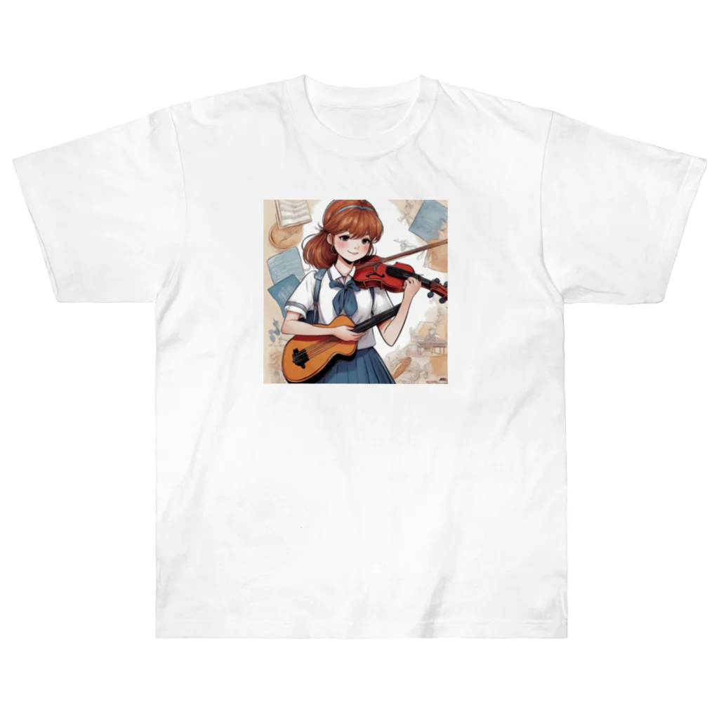 ほっこり絵音舎の弦楽器好きのチョコちゃん ヘビーウェイトTシャツ