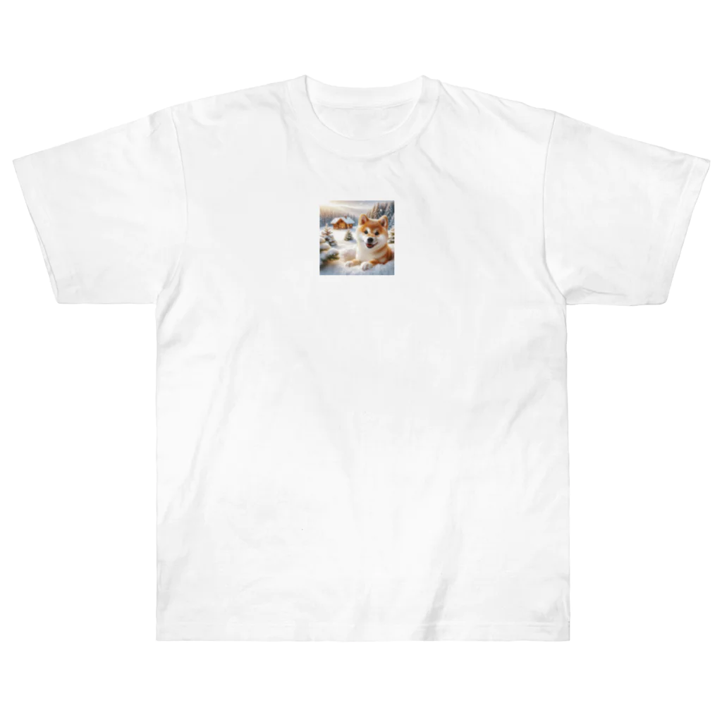 tai5567の雪景色の柴犬モナコ ヘビーウェイトTシャツ