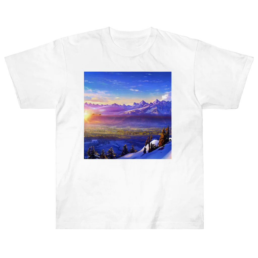 雑貨屋ちぃずの朝日と雪原の風景 ヘビーウェイトTシャツ