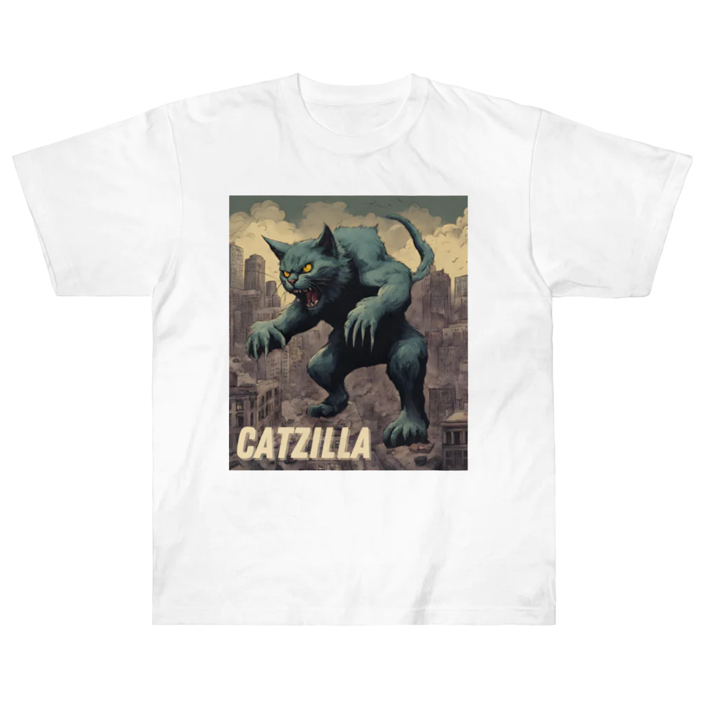 HappyFaceMarketのゴジラになりたい猫 CATZILLA ヘビーウェイトTシャツ