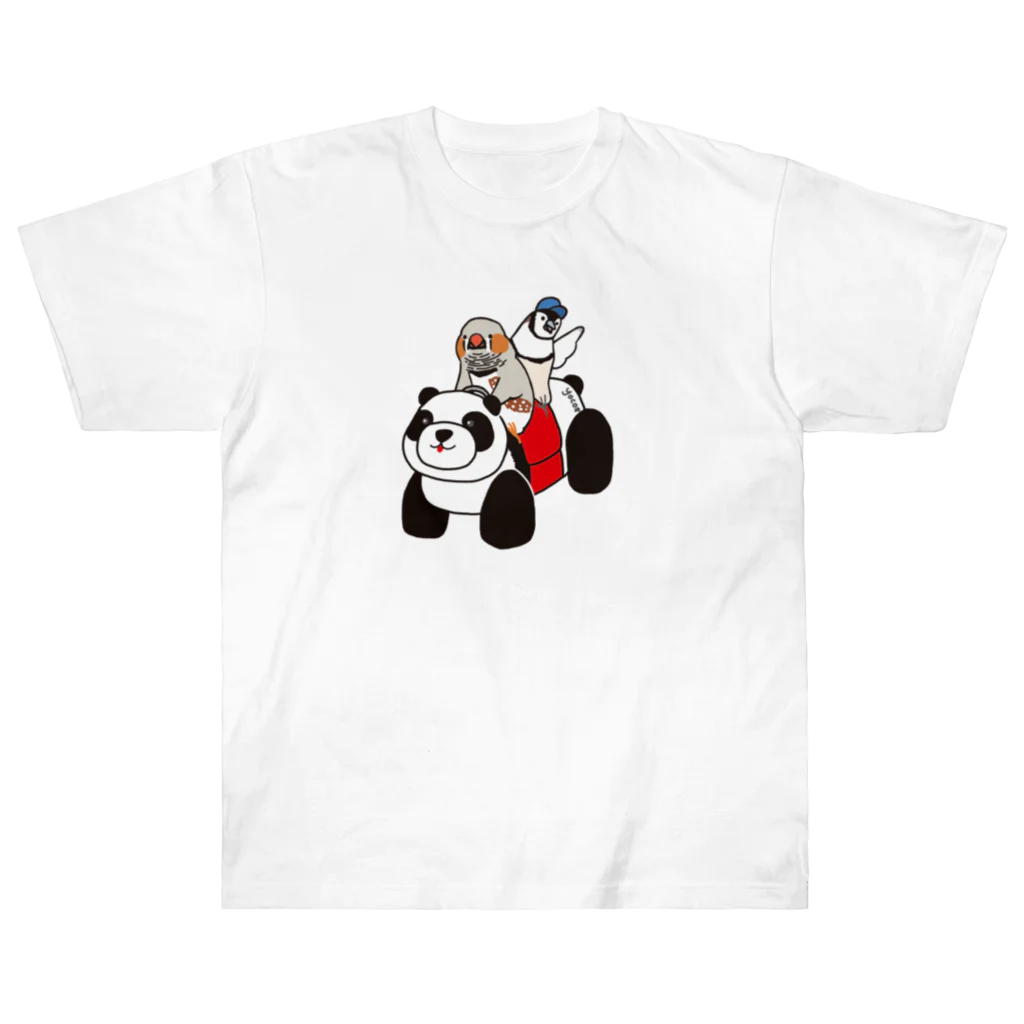 オグチヨーコのパンダカーと鳥さん（キンカチョウ＆カノコスズメ） ヘビーウェイトTシャツ