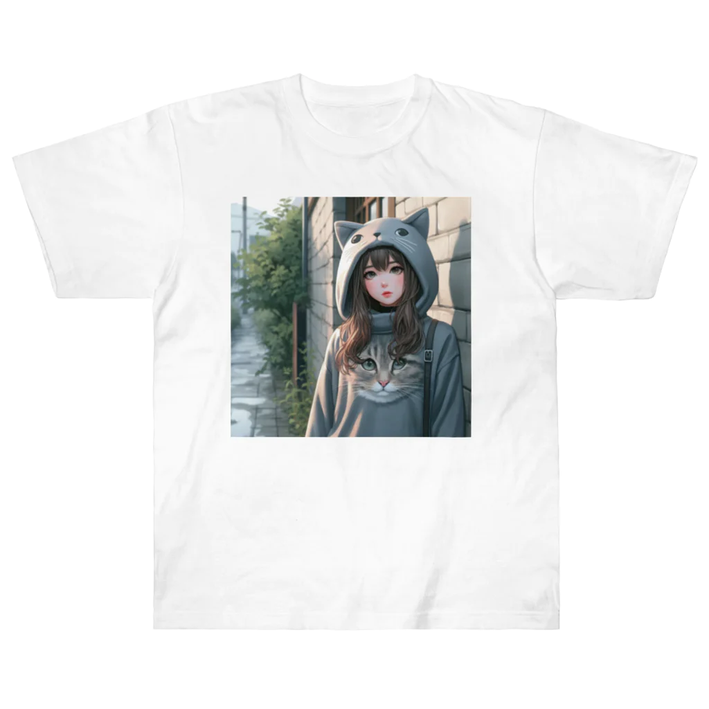 SaltyCookie Design Worksの猫パーカーの女の子(11) Heavyweight T-Shirt