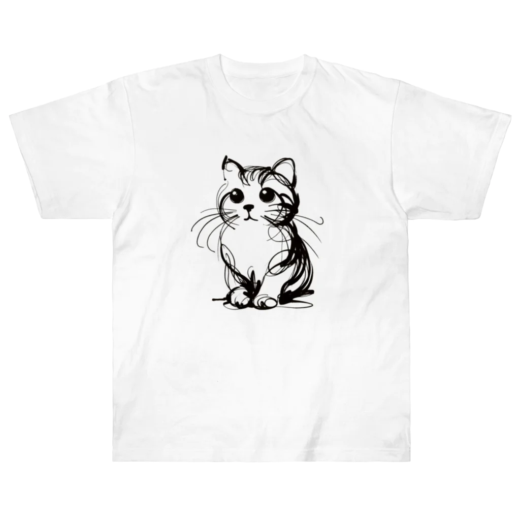 catsの一筆書きで描かれたかわいい猫のイラスト ヘビーウェイトTシャツ