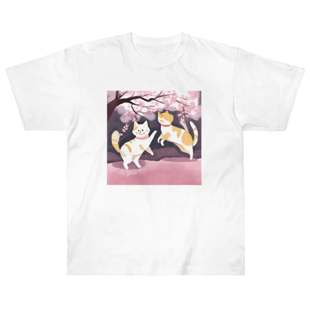 Shironekokuuの桜で遊ぶ犬と猫 Heavyweight T-Shirt