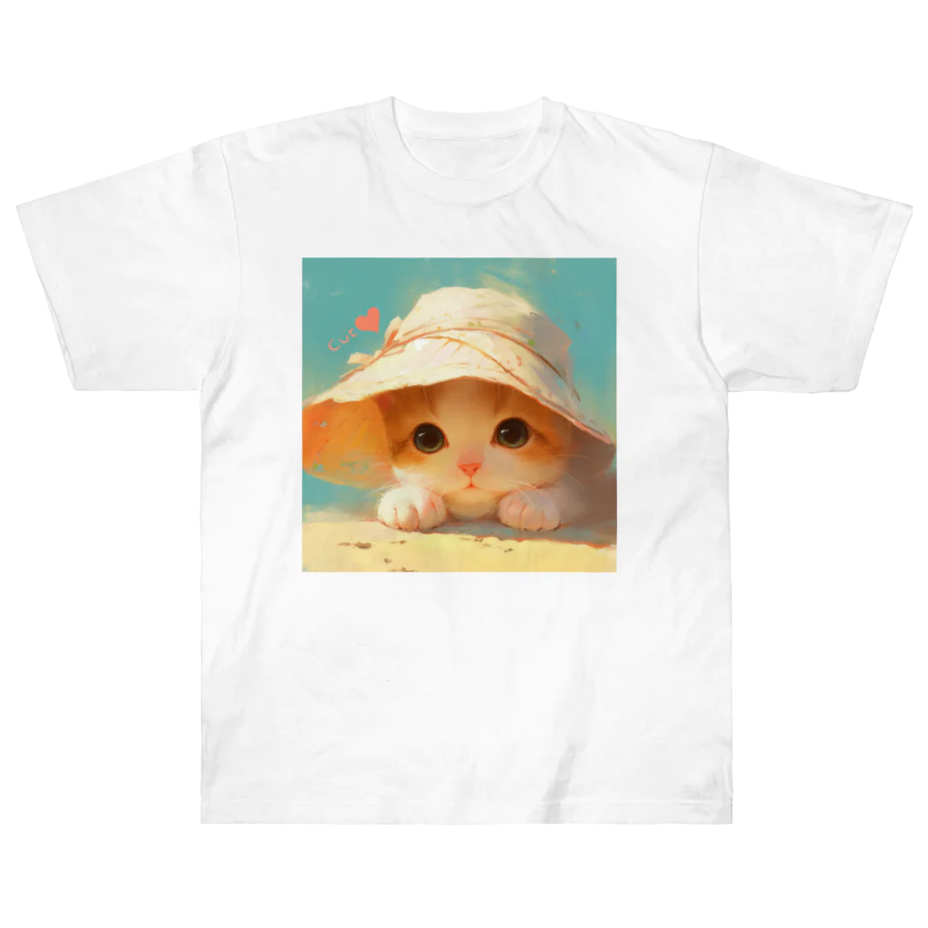 AQUAMETAVERSEの帽子をかぶった可愛い子猫 Marsa 106 ヘビーウェイトTシャツ