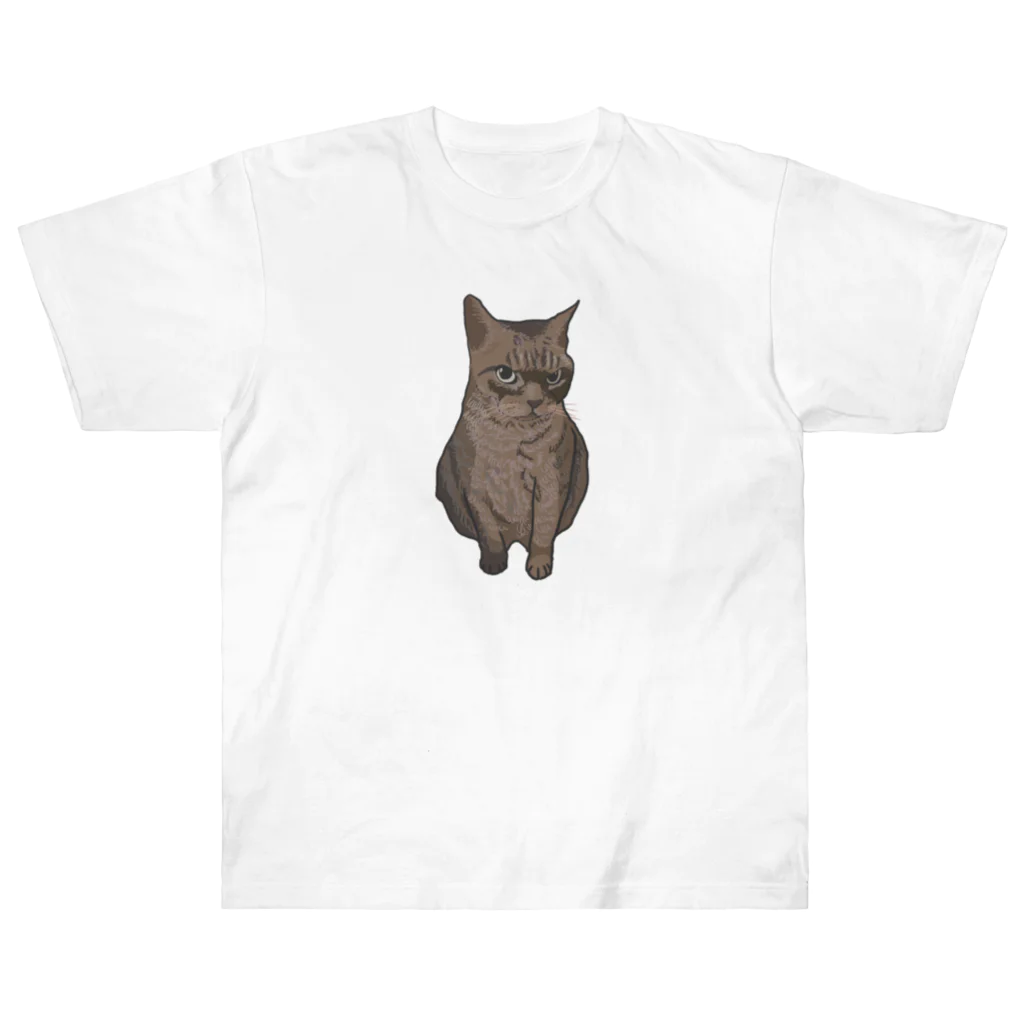 手書きイラストで猫ミームの怪しむ猫 ヘビーウェイトTシャツ