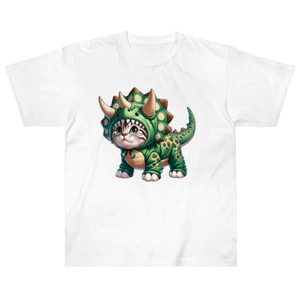 IloveCatの草食恐竜トリケラトプスのフードを被った子猫 Heavyweight T-Shirt