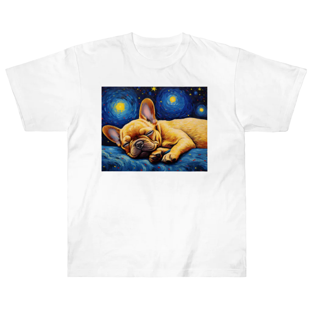 Dog Art Museumの【星降る夜 - フレンチブルドッグ犬の子犬 No.1】 ヘビーウェイトTシャツ