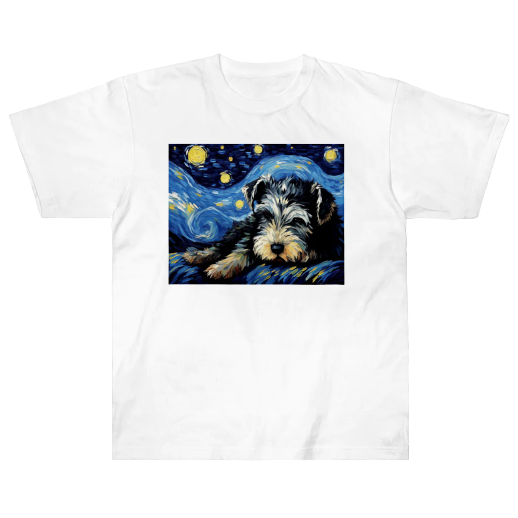 Dog Art Museumの【星降る夜 - シュナウザー犬の子犬 No.3】 Heavyweight T-Shirt