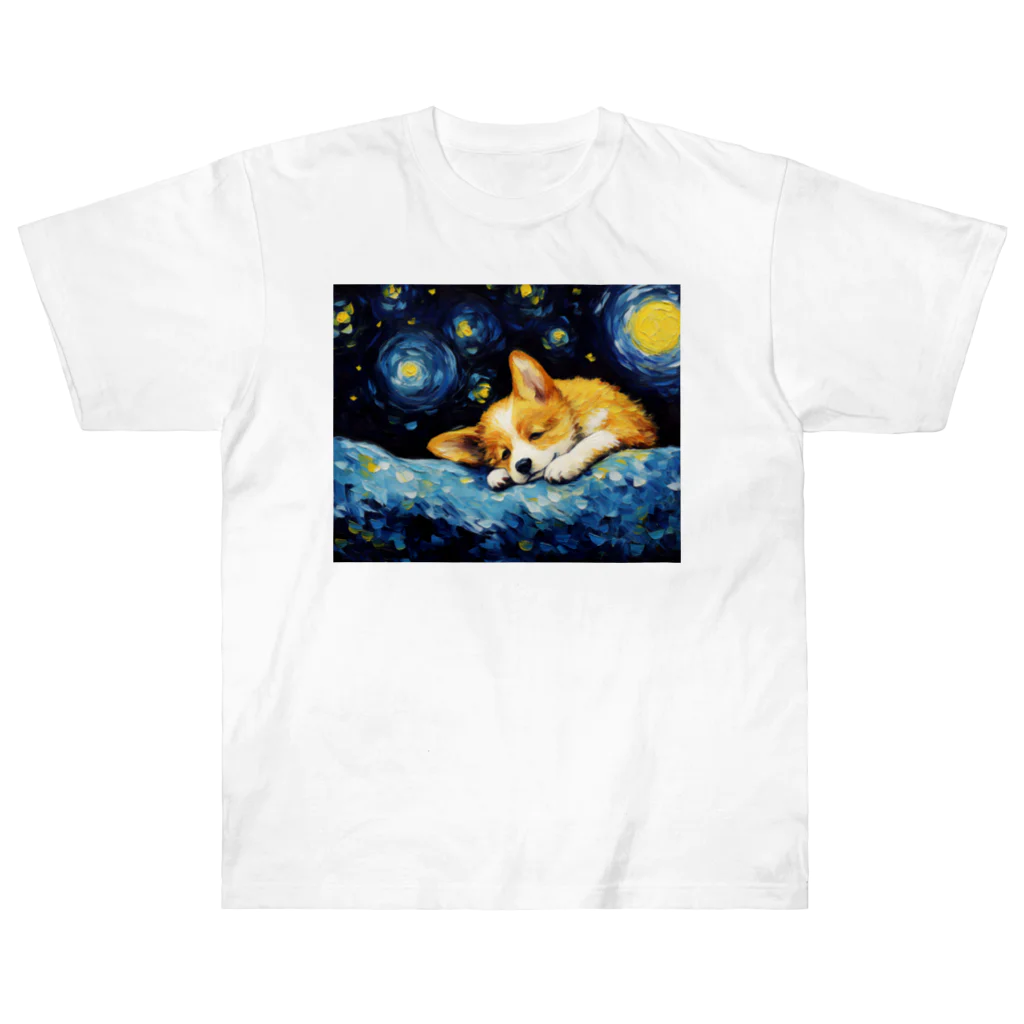 Dog Art Museumの【星降る夜 - ウェルシュコーギー犬の子犬 No.3】 Heavyweight T-Shirt