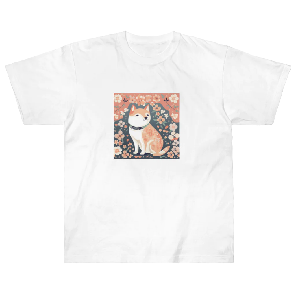 Grazing Wombatの日本画風、柴犬と桜-Japanese-style painting of a Shiba Inu with cherry blossoms ヘビーウェイトTシャツ