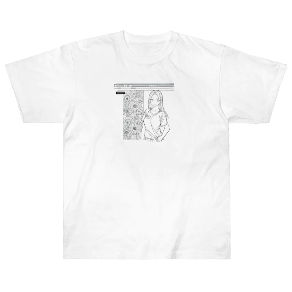 猫集めの爽やかな女性が描かれた線画 Heavyweight T-Shirt