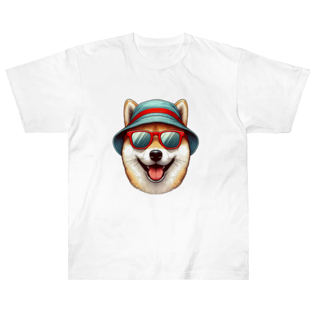 柴犬に囲まれたいのカラフルなバケハをかぶった柴犬 ヘビーウェイトTシャツ