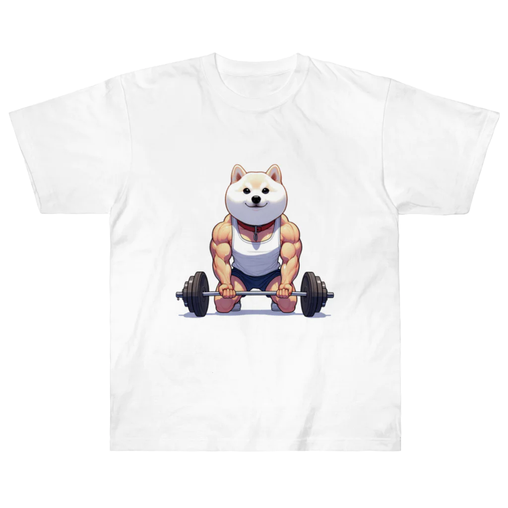 柴犬に囲まれたいのバーベルを上げようとするムキムキの白柴犬 Heavyweight T-Shirt