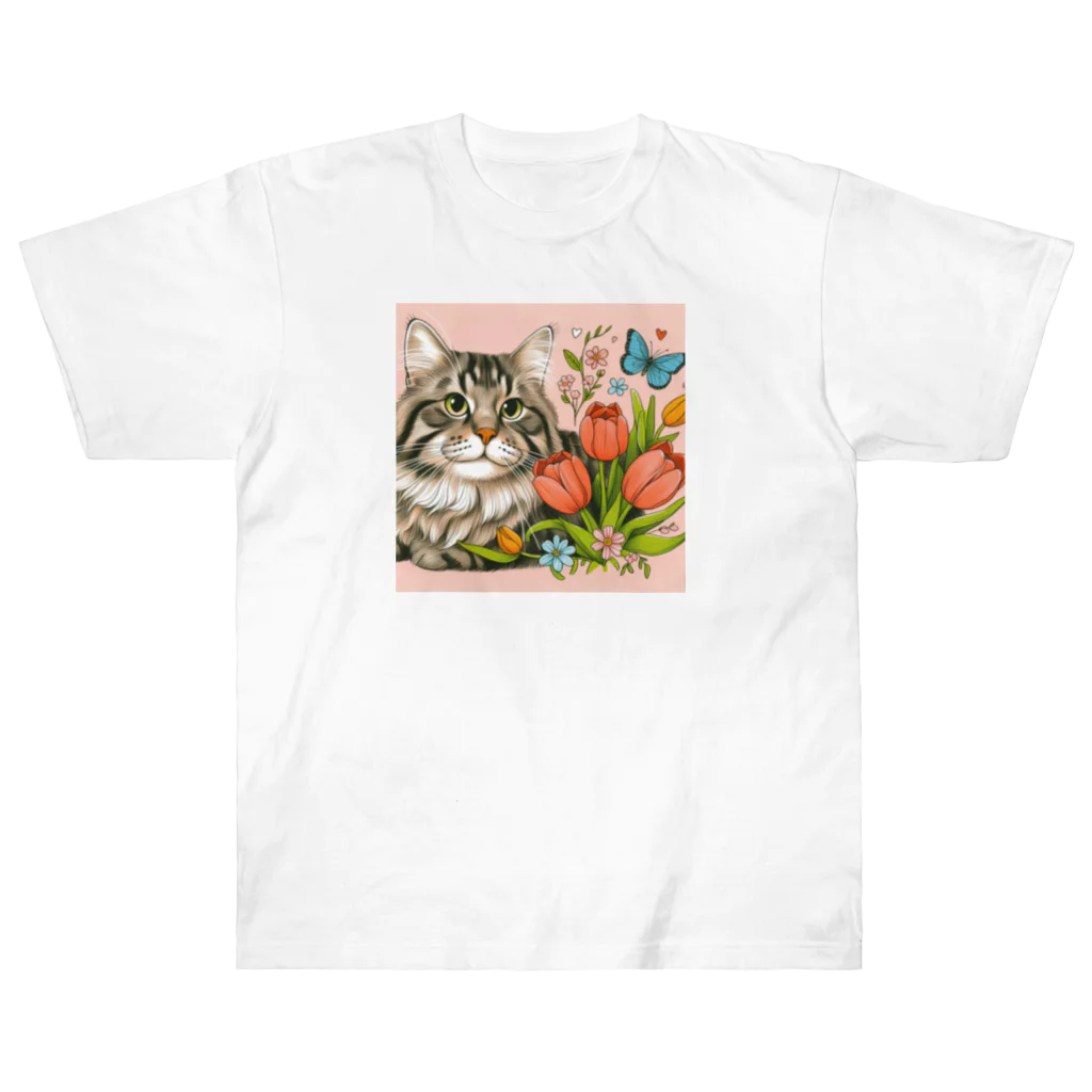 Y m @Y's shopの猫とチューリップ Heavyweight T-Shirt