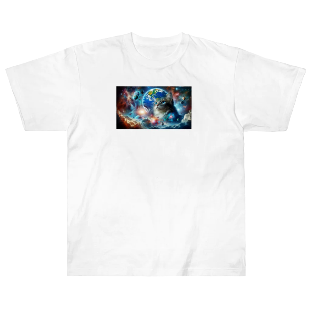 space catの宇宙と一体化猫 ヘビーウェイトTシャツ