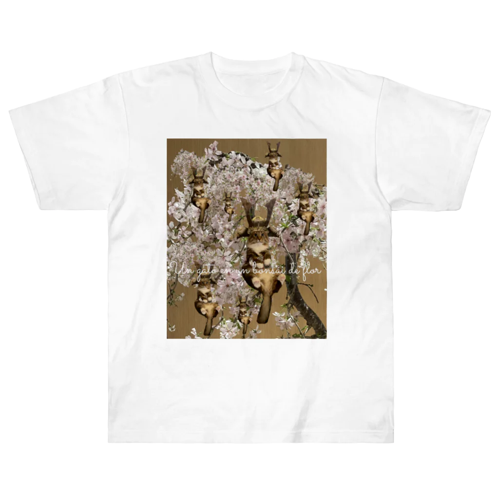 Mioluckypinkyの兜　サムライ　猫　　桜　盆栽　 ヘビーウェイトTシャツ