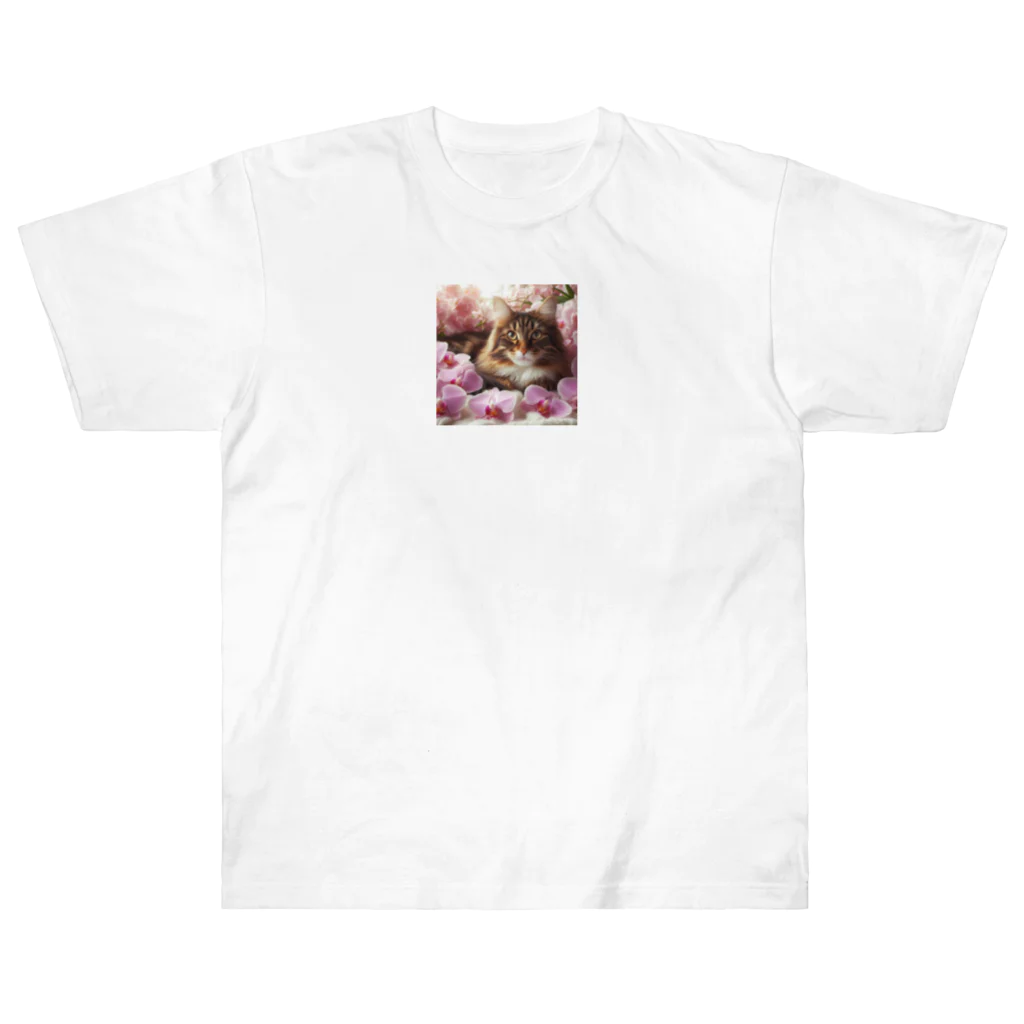 Y m @Y's shopの猫と胡蝶蘭 ヘビーウェイトTシャツ