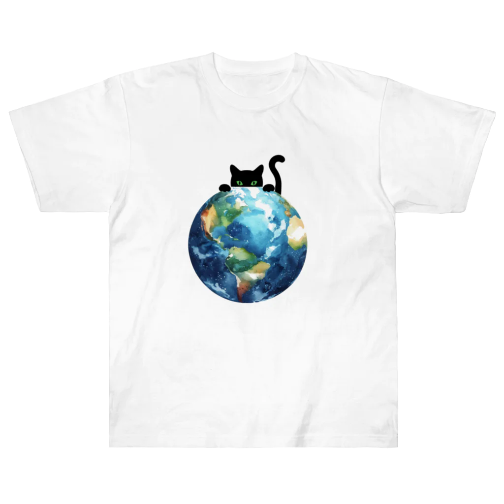 amecatsの地球と黒猫 ヘビーウェイトTシャツ