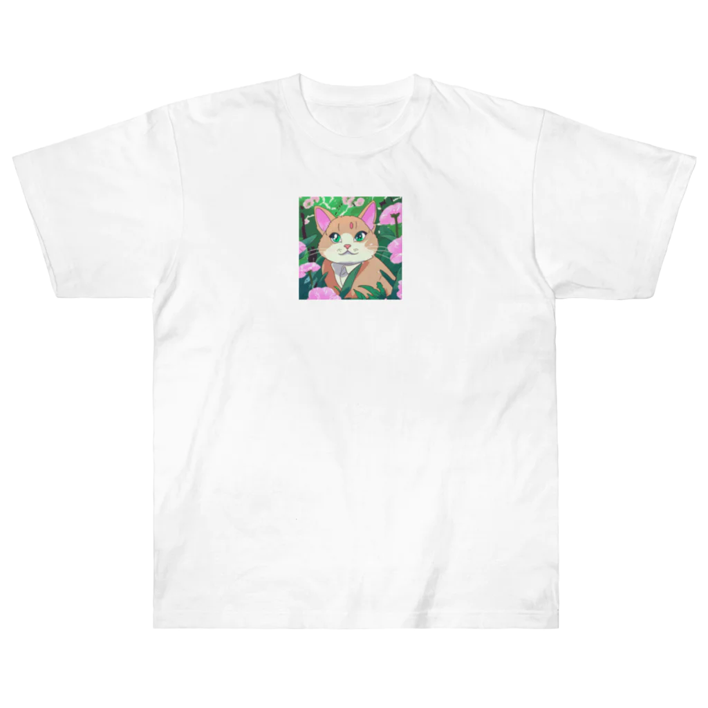 キュート＆クールのアニメ調・花畑の猫 ヘビーウェイトTシャツ