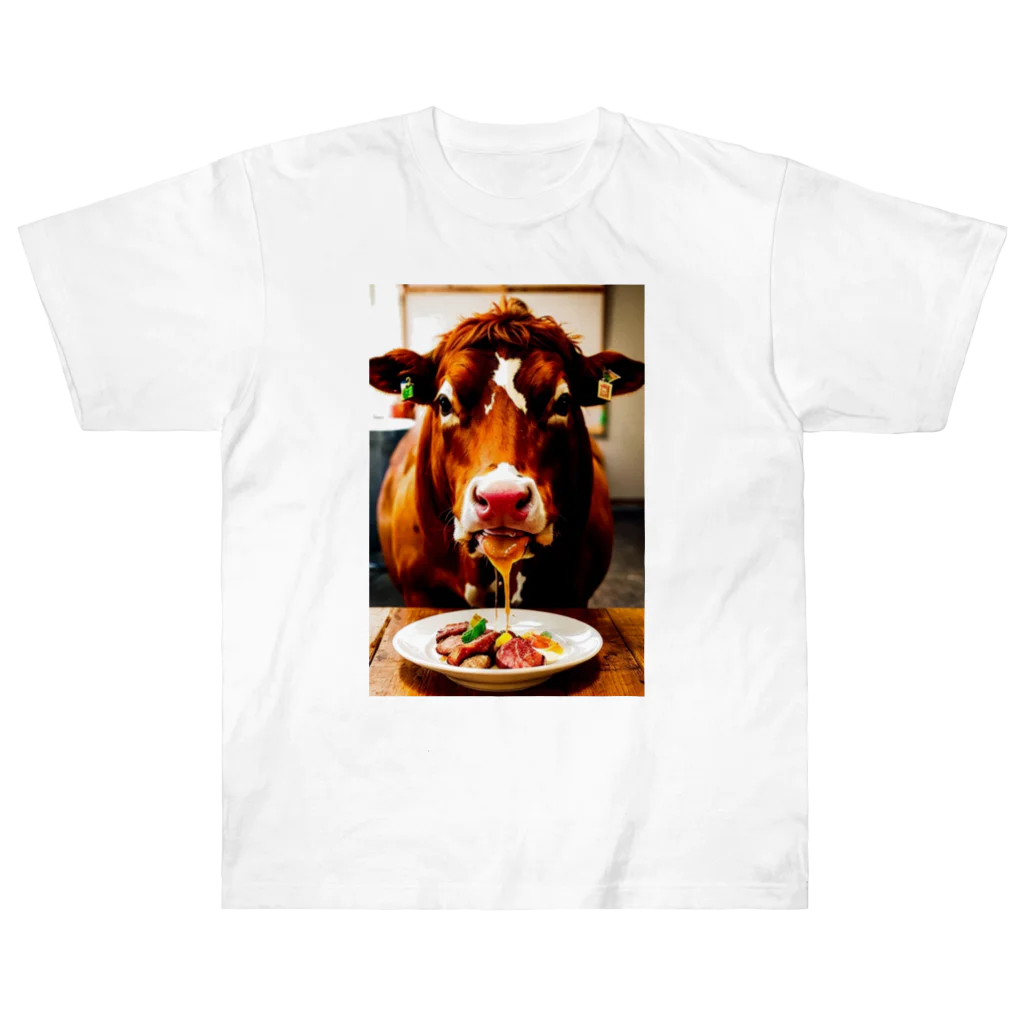 WhiteLionの牛肉を食べたい牛 ヘビーウェイトTシャツ