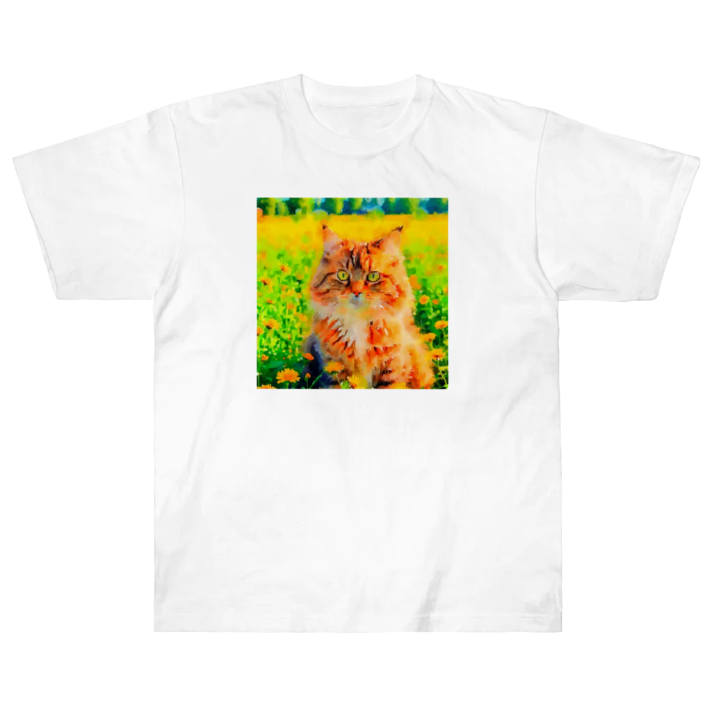 猫好きの谷の猫の水彩画/花畑のサイベリアンねこのイラスト/キジトラネコ Heavyweight T-Shirt